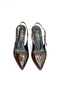 Women's Brown Patent Leather Open Back Stiletto with Gold Belt Detail - 2