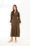 Khaki Color Poplin Pleated Detailed V-Neck Maxi Dress with Open Waist