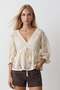 Ecru V-Neck Three-Quarter Sleeve Elastic Guipure Blouse Alc-X15486