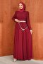 Burgundy Stone Detailed Belted Evening Dress