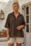 Brown Shirt Collar Short Sleeve Buttoned Mesh Pocket Embroidered Casual Cotton Woven Blouse 70 60 - 3