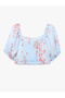 Floral Detailed Balloon Sleeve Bowknot Square Neckline Striped Crop Chiffon Blouse - 4