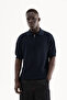 Men's Polo Collar Zippered Knitwear T-Shirt Navy Blue - 2
