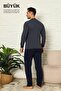 Big Size Men's Pajama Set - Navy Blue Long Sleeve Combed Cotton 1219Uyb - 4