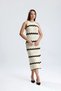 Women's Ecru Brown Zigzag Patterned Halter Neck Bohemian Openwork Knitwear Midi Length Dress - 3