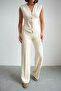 Crep Women's Gold Buttoned Modal Vest Trouser Set Ecru - 4