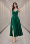 Women's Slit Detail Double Breasted Collar Strap Pleated Flounce Midi Length Evening Dress