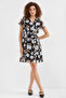 Women's Short Sleeve Belted Floral Patterned Chiffon Black Dress