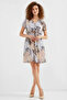Women's Short Sleeve Belted Patterned Chiffon Gray Dress - 2