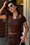 Brown Lace Detailed Square Neck T-Shirt Mg2733 - 3