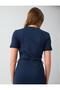 Navy Blue Round Neck Short Dress with Slit Detail - 7