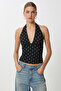 Polka Dot Patterned Crop Tulle Blouse Lfw0023 Black - 2
