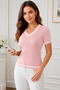 Women's Short Sleeve V-Neck Cotton Trendy Stylish White Striped Powder Knitwear Blouse - 6