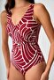 Women's Burgundy Patterned V-Neck Slim Covered Corset Gathering Swimsuit - 2