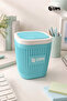 Desktop Trash Can with Lid Pastel Aqua White – Stylish Mini Waste Bin for Office and Study Desk 11X12X15 cm - 3