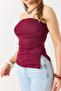 Side gathered Slit stretchy strapless blouse burgundy - 5