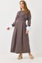 Women's Long Draped Striped Dress with Pleated Detail at the Waist, Burgundy - 2