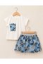 Girl's Lotus Flower Appliqué Detailed T-Shirt and Blue Tulle Lotus Detailed Skirt Set - 2