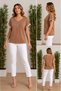 Women's V-Neck Short Sleeve Viscose Blouse with Shiny Detail at the Sleeve End - 2