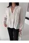 Women's High Collar Front Buttoned Loose Blouse with Flounce Detail - 4