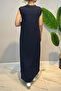 Ribbed Detailed Zero Sleeve Long Combed Cotton Dress 13274 Navy Blue - 4