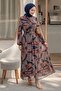 Shawl Pattern Pleated Navy Blue Chiffon Dress - 4