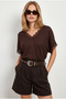 Women's Brown V-Neck Flowy Summer Knitwear Blouse Blz-19003365