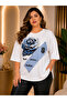 Plus Size Rose Printed Text Detailed Short Sleeve Women's Blouse