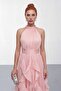 Women's Powder Halter Neck Ruffled Long Formal Dress - 3