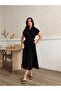 Women's Short Sleeve Belt Detailed Buttoned Tencel Fabric Black Dress - 3