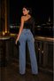 Women's Asymmetrical Stoned High Waist Straight Fit Snow Wash Trend Design Jean - 4