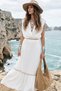 Pearl-Trimmed and Jute Ribbon Epaulette Sleeveless Bohemian Organic Textured Crinkle Fabric Skirt Lined Double Breasted V-Neck Crop Blouse Ruffled Long Boho Bohemian Holiday Chic Skirt Set Two-Piece Set - 3