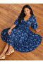 Blue All Over Print V Neck Midi Dress - 4