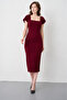 Burgundy Crepe Fabric Square Collar Slit Design Midi Pencil Dress 99157 - 6