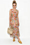 Women's Multicolor V-Neck Floral Pattern Lined Chiffon Midi Dress De261075 60286305 - 2