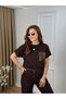 Women's Brown T-Shirt Pants Set Elastic Waist Striped and Pocket Detailing Comfortable Summer Suit