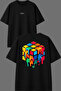 Rubik's Magic Design Front and Back Printed Black Oversize T-Shirt