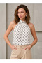 Women's Ecru Black Polka Dot Halter Neck Zero Sleeve Regular Buttoned Pleated Sandy Premium Women's Blouse - 5