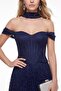 Women's Navy Blue Boat Neck Underwire Long Lace Evening Dress - 3