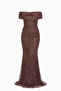 Women's Tan Boat Neck Beaded Long Mermaid Evening Dress - 7