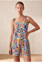 Women's Relaxed Fit V-Neck Tie-Up Straps Multi-Color Interlock Shorts Jumpsuit Heloisa