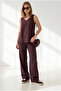 Women's Plum Top V-Neck Bell Blouse Bottom Pocketed Trousers Soft Textured Set Tkm-19000413 - 2