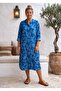 Blue Hakim Collar Long Sleeve Patterned Buttoned Hidden Pocket Casual Viscose Woven Dress 118 67