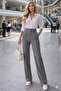 Gray High Waist Palazzo Pants with Button Closure