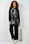 Women's Round Neck Oversize Patterned Viscose Black Two-Piece Set - 2