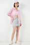 Women's Oversize Single Pocket Striped Viscose Pink Shirt - 3