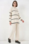 Women's Turtleneck Oversize Striped Knitwear Ecru Two-Piece Set - 5