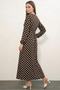 Women's Round Neck Belted Polka Dot Dark Brown Dress - 4