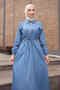Blue Elastic Sleeve Half-Zipper Denim Dress - 2