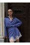 Women's Blue Striped Lace Detailed Shirt Skirt Set - 2
